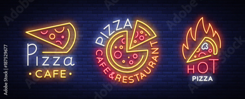 Pizza collection of neon signs vector. Set neon logos Pizzeria, emblems. Neon advertising on the topic of pizza cafe, restaurant, dining room, snack bar. Bright night billboard. Vector illustration