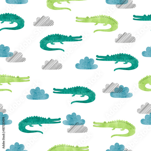 Seamless watercolor crocodi...