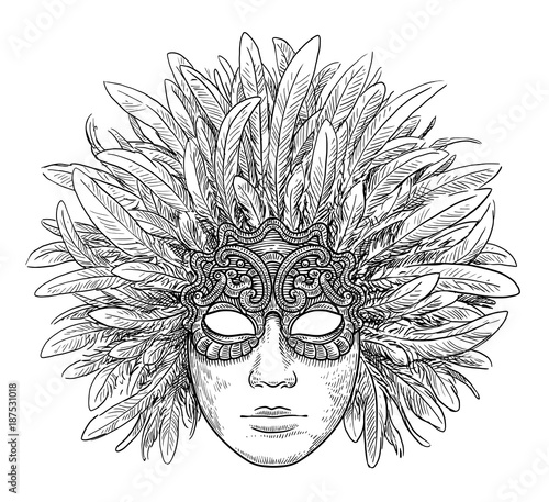 Venetian mask illustration, drawing, engraving, ink, line art, vector
