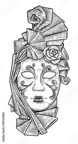 Venetian mask illustration, drawing, engraving, ink, line art, vector