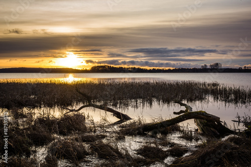 Fototapeta Naklejka Na Ścianę i Meble -  Sunrise over the Swiecajty lake near Wegorzewo, Masuria, Poland