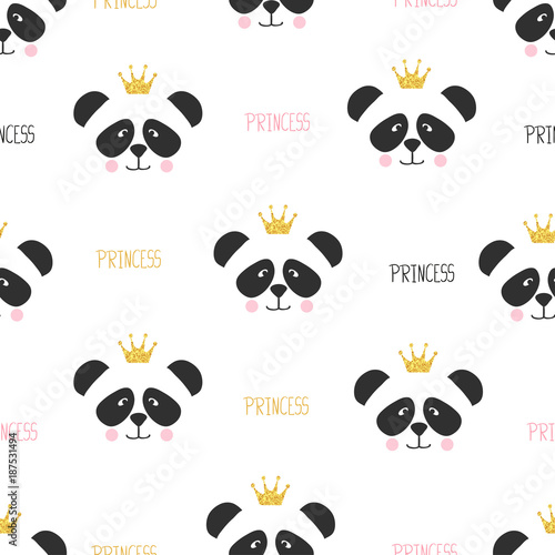 Seamless panda princess pattern. Vector background for kids.