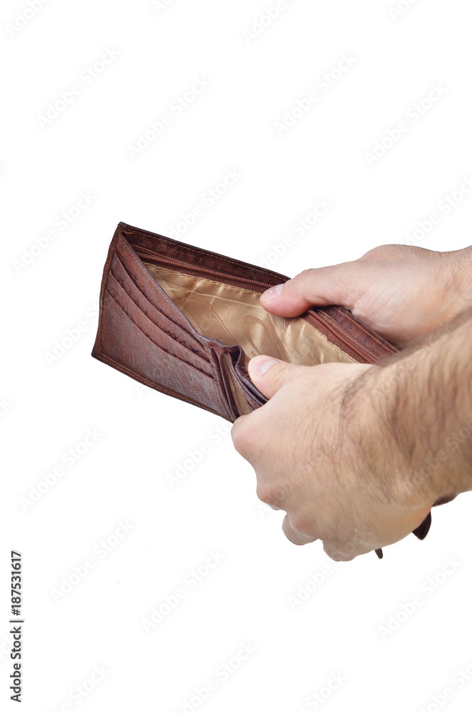 Man's hands open empty purse. Poverty, debt and bankruptcy in the payment  of bills and credit cards. Broke concept 17342497 Stock Photo at Vecteezy