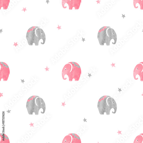 Cute watercolor elephants pattern. Vector simple seamless background for kids.