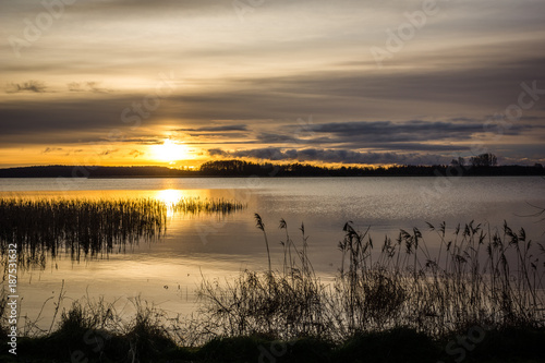Sunrise over the Swiecajty lake near Wegorzewo, Masuria, Poland