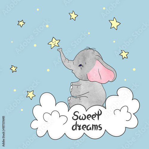 Cute little elephant on the cloud. Sweet dreams vector illustration. 