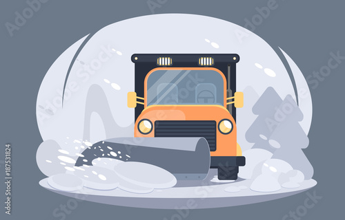Snow grooming machine. Process of snow removal from road. Winter highway service. Flat vector illustration
