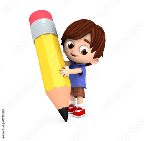 Niño con un lápiz gigante escribiendo Stock Illustration | Adobe Stock