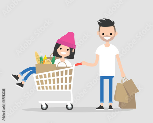 A couple of young adults having fun in a supermarket. Riding in a cart. Groceries shopping. Daily routine. Flat editable vector illustration, clip art