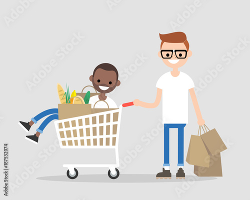 A couple of young adults having fun in a supermarket. Riding in a cart. Groceries shopping. Daily routine. LGBT interracial family. Flat editable vector illustration, clip art