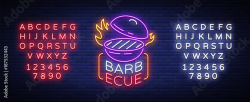 Barbecue logo vector. Neon sign, symbol, bright advertising night barbecue, grill, roast meat, grill bar, restaurant. Bright neon banner, luminous billboard for your projects. Editing text neon sign