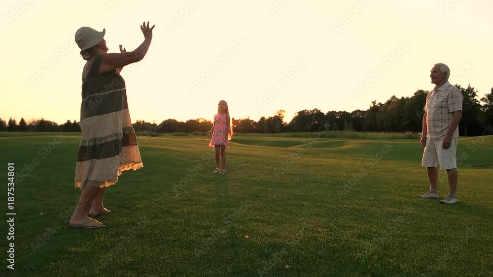 Seniors with granddaughter on green meadow. Slow motion grandparents with their grandchild playing sport game with ball on fresh air, summer sunset. Happy family weekend and relax. Seniors with granddaughter on green meadow. Slow motion grandparents with their grandchild playing sport game with ball on fresh air, summer sunset. Happy family weekend and relax.