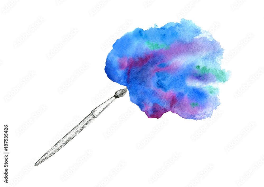 Brush and blue watery stain.Abstract watercolor hand drawn illustration.Azure splash.White background. Brush and blue watery stain.Abstract watercolor hand drawn illustration.Azure splash.White background.