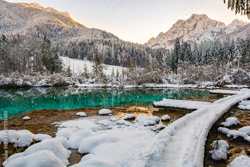 Peer filled with snow at Zelenci, river Sava spring