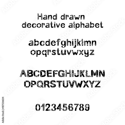 Decorative hand drawn alphabet. Handwritten vector brush font. Modern ABC. Uppercase, lowercase, numbers, punctuation. Greeting card, logo, phrases, invitation, slogan, windows decor