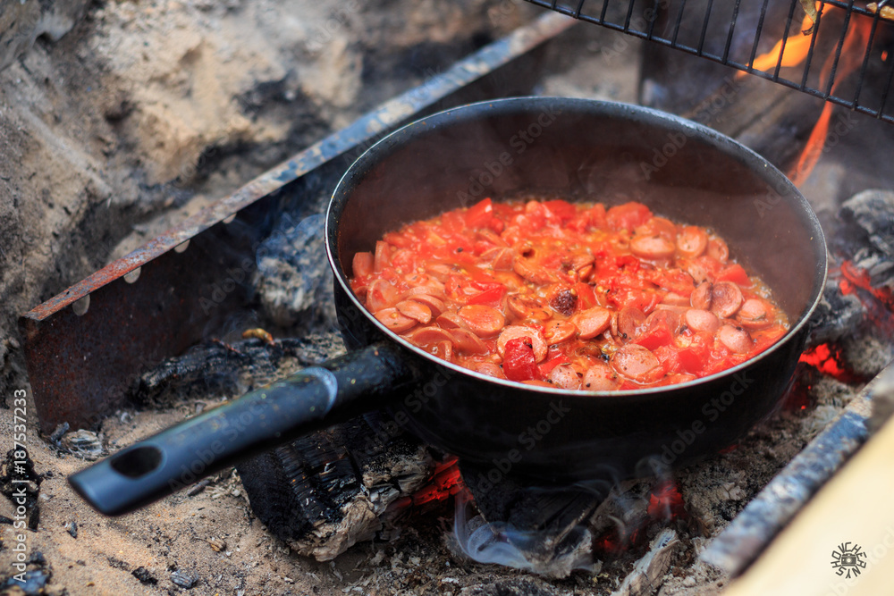 Cooking of tasty food in a travel in the wood in the fresh air