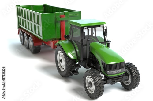 3d illustration of a farming tractor and trailer