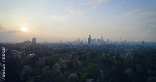 Aerial view of Incredible sunset over city Frankfurt am Main, Germany, Europe