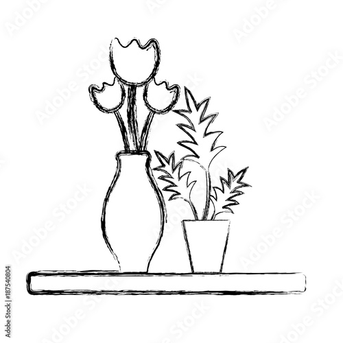 figure wood shelf with flowers inside jar and plants