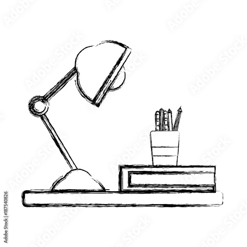figure wood shelf with desk lamp and office utensils