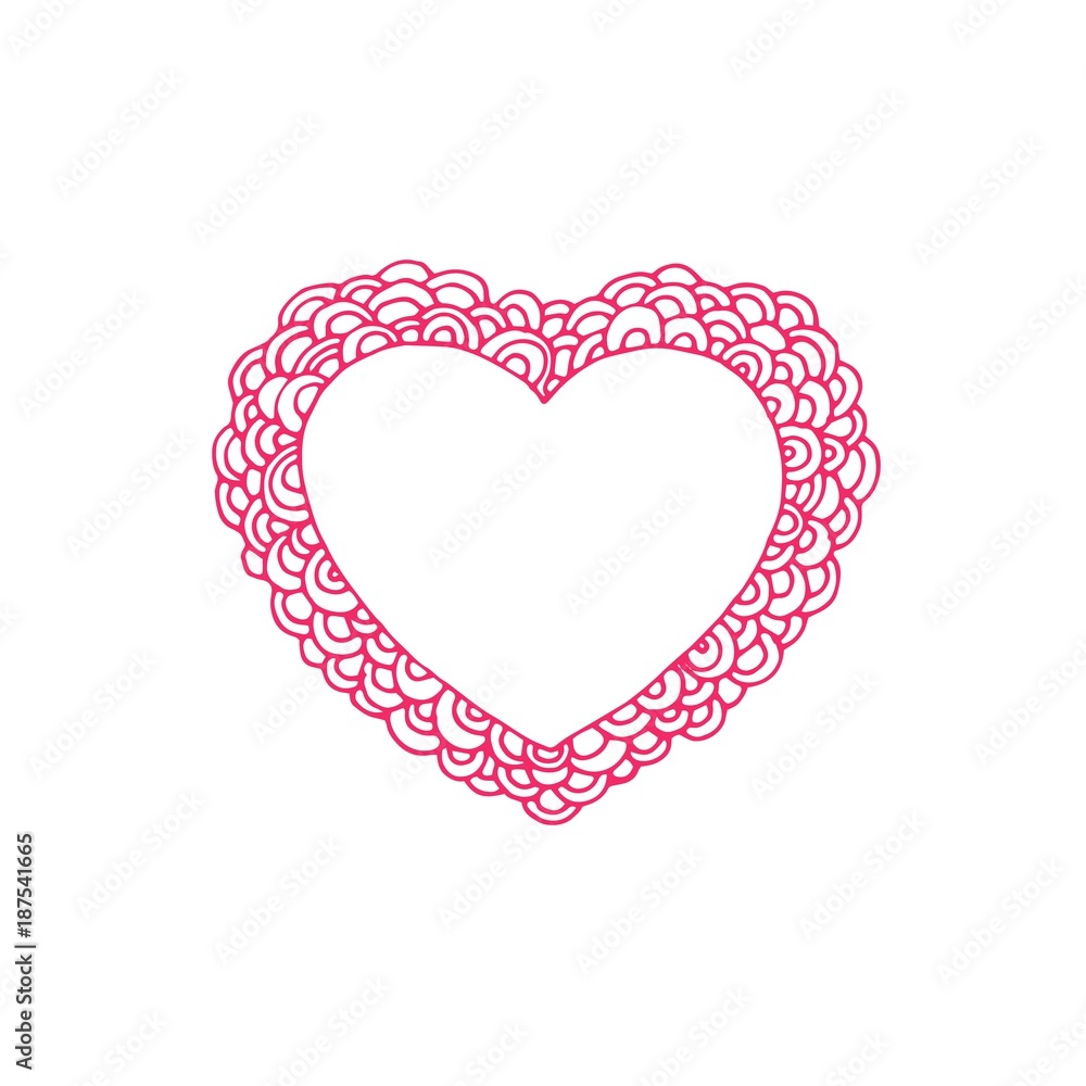 Heart doodle isolated art. Vector illustration for coloring book. Valentine day greeting card. Pink design. Hand draw.