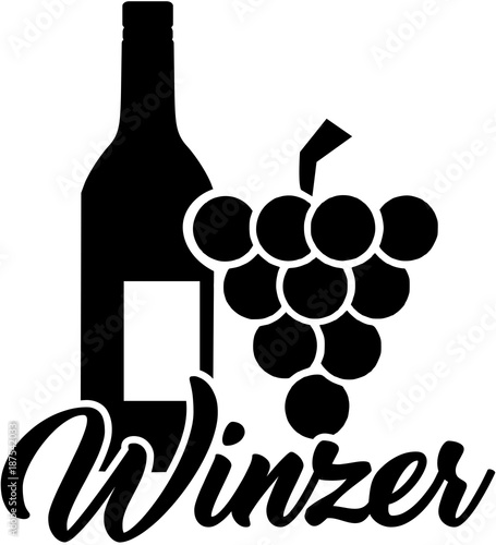 Winebottle and grapes with male job title german
