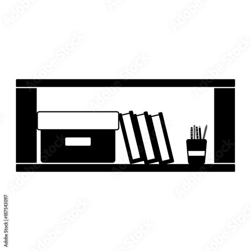 contour office wood shelf with books and box archive