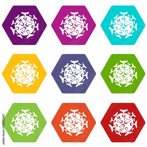 Round viral bacteria icon set color hexahedron