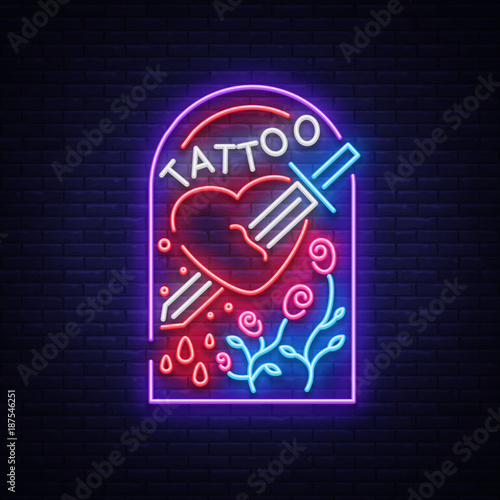 Tattoo studio logo in a neon style. Neon sign, emblem, a symbol of man's heart is pierced by the sword, bright billboards, neon on a tattoo for tattoo salon, studio. Vector illustration