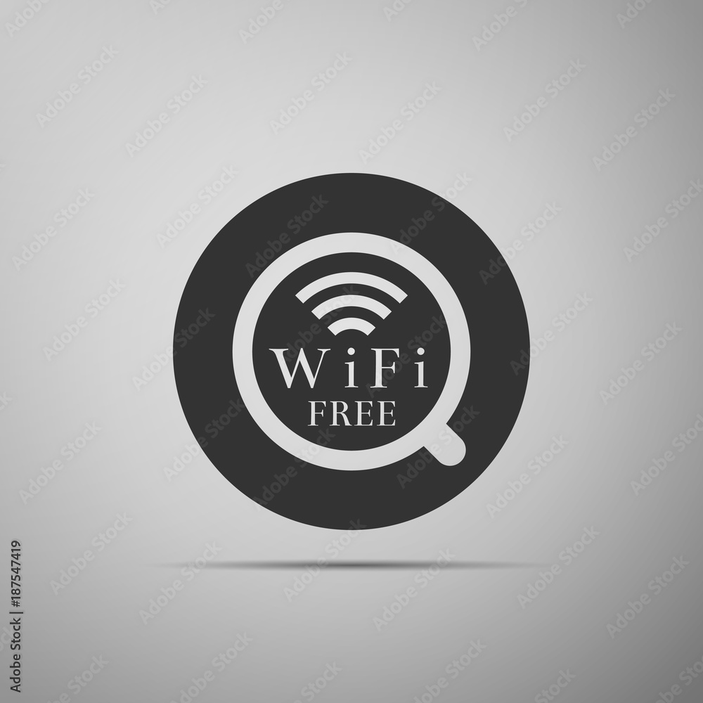 Cup of coffee shop with free wifi zone sign. Internet connection placard icon isolated on grey background. Flat design. Vector Illustration