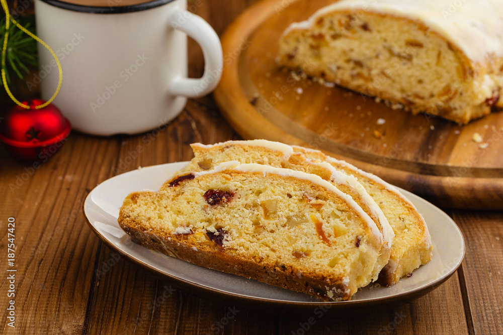 Traditional German christmas stollen fruit cake Traditional German christmas stollen fruit cake