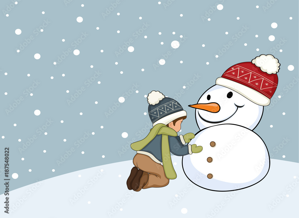 Naklejka premium Boy making snowman