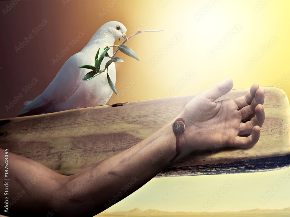 God blessing jesus by white dove before resurrection - obrazy, fototapety, plakaty 