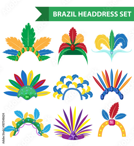 Brazil Feather Headband Headdress icons flat style. Headpiece Carnival, Samba Festival headwear. Isolated on white background. Vector illustration
