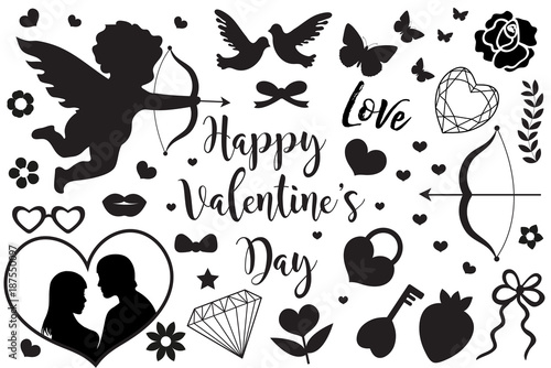 Happy Valentine's Day set of icons stencil black silhouette. Cute romance love collection of design elements with cupid, heart, couple, pigeons, diamond, butterfly, flowers. Vector illustration photo