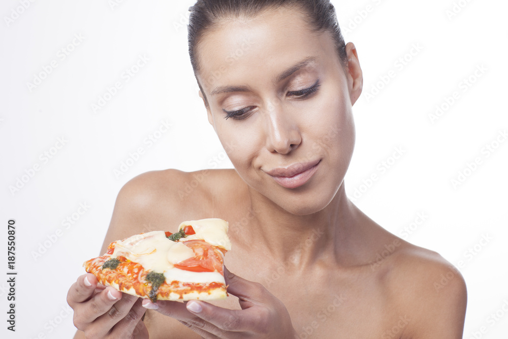 Portrait of young woman thinking about eating pizza. Commercial model isolated on white background. Portrait of young woman thinking about eating pizza. Commercial model isolated on white background.