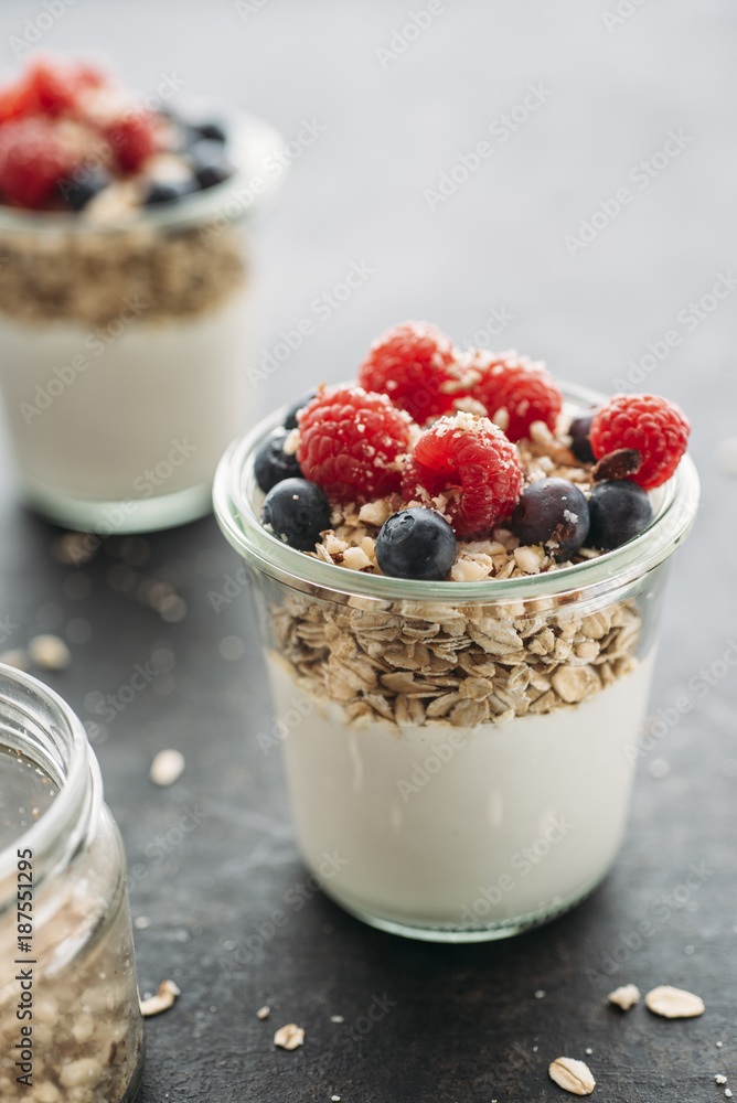 Food: vegan (homemade) coconut yogurt with oats, blueberries, ra Food: vegan (homemade) coconut yogurt with oats, blueberries, ra