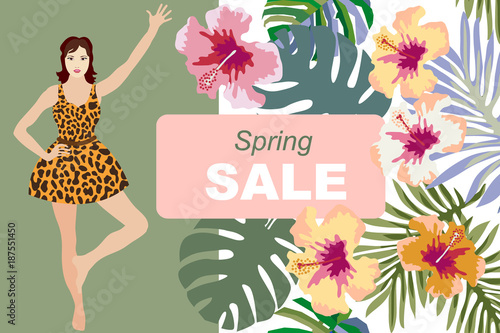 Spring sale card. Beautiful Asian girl and floral background.
