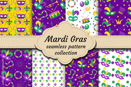 Mardi Gras Carnival set of seamless pattern with mask feathers, beads. Collection Fat Tuesday endless background, texture, wallpaper. Festival backdrop. Vector illustration