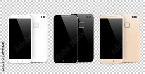 Modern black, white and gold smartphone isolated on transparent background.. Front and back of Vector smartphone. Cell phone mockup back view.