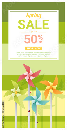 Spring sale banner with colorful pinwheels , vector , illustration