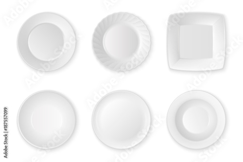 Realistic vector white food empty plate icon set closeup isolated on white background. Kitchen appliances utensils for eating. Design template, mock up for graphics, printing etc. Top view