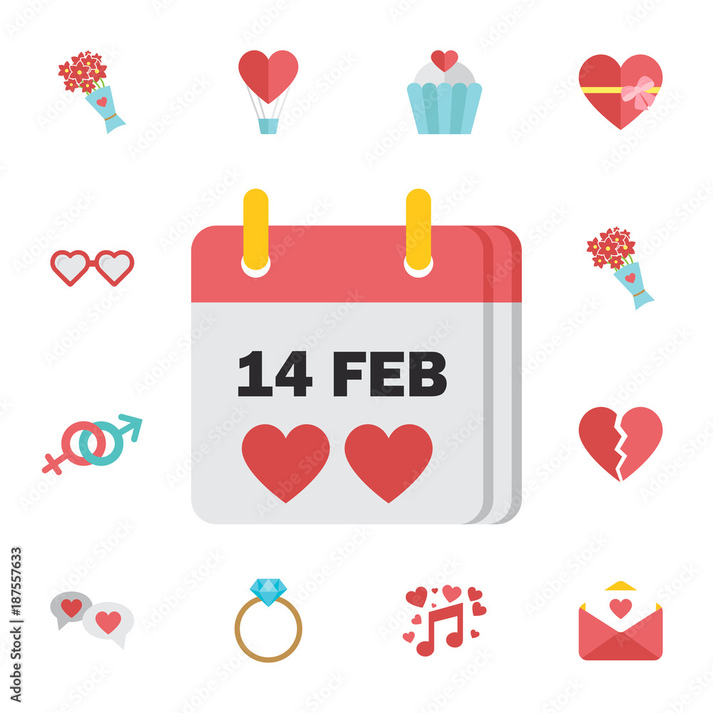 Valentine's Day flat calendar icon february. Digital vector february happy valentine's day and wedding celebration color simple flat icon set Valentine's Day flat calendar icon february. Digital vector february happy valentine's day and wedding celebration color simple flat icon set