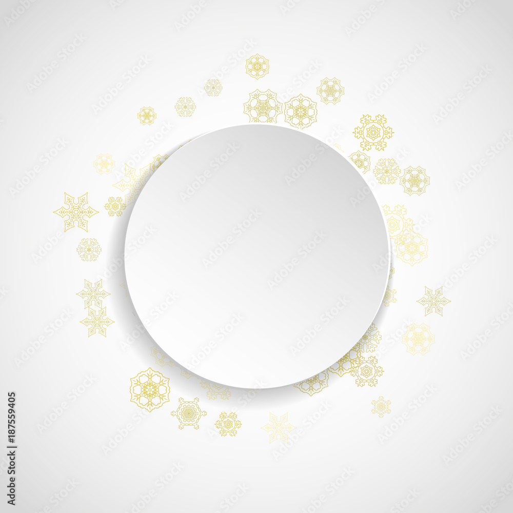 Christmas snow on white background. Glitter frame for winter banners, gift coupon, voucher, ads, party event. Paper banner with golden Christmas snow. Square falling snowflakes for holiday Christmas snow on white background. Glitter frame for winter banners, gift coupon, voucher, ads, party event. Paper banner with golden Christmas snow. Square falling snowflakes for holiday