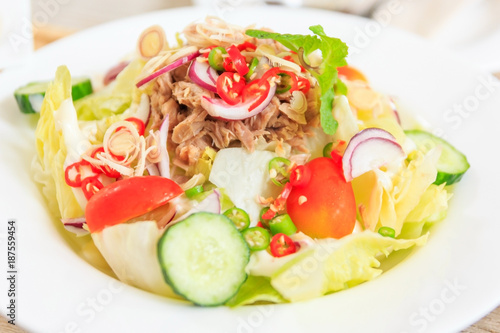 Closed up of Salad with fresh vegetables and tuna, Top view with Free space for your text.