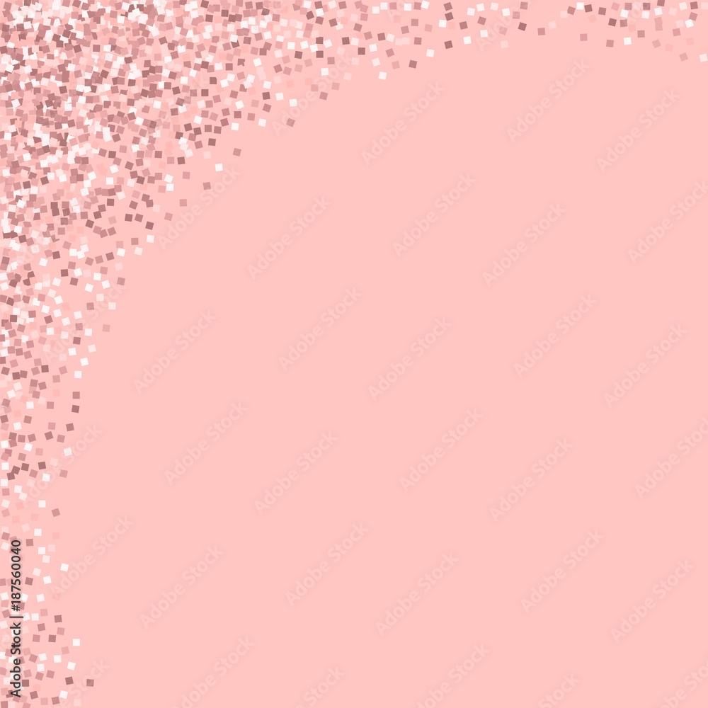 Pink gold glitter. Abstract left top corner with pink gold glitter on pink background. Beauteous Vector illustration.