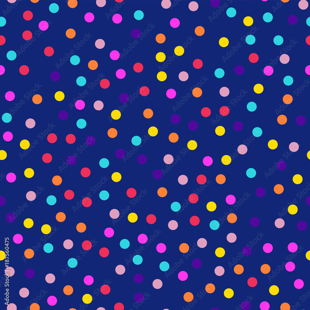 Memphis style polka dots seamless pattern on dark blue background. Ideal modern memphis polka dots creative pattern. Bright scattered confetti fall chaotic decor. Vector illustration. Memphis style polka dots seamless pattern on dark blue background. Ideal modern memphis polka dots creative pattern. Bright scattered confetti fall chaotic decor. Vector illustration.