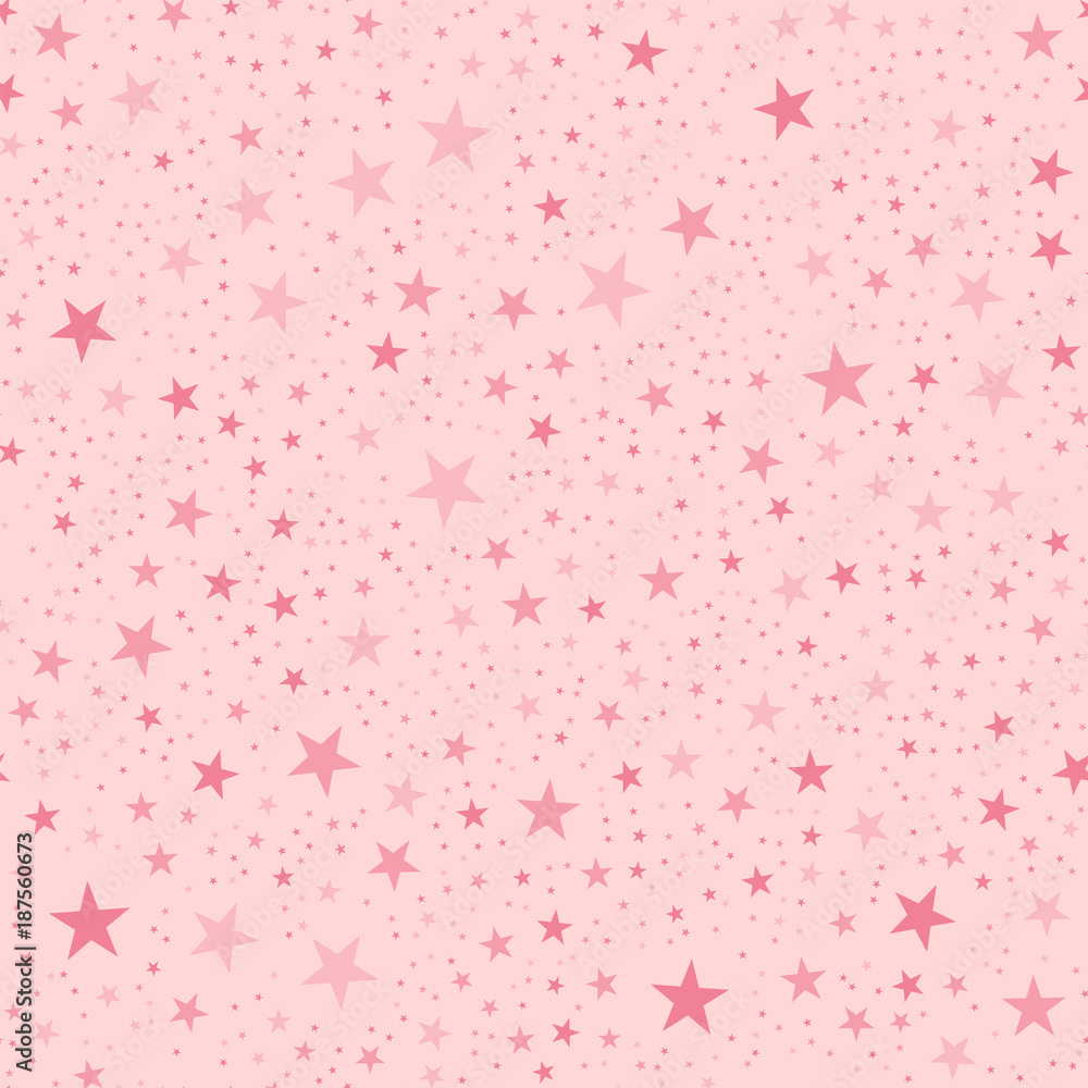 Pink stars seamless pattern on light pink background. Enchanting endless random scattered pink stars festive pattern. Modern creative chaotic decor. Vector abstract illustration.