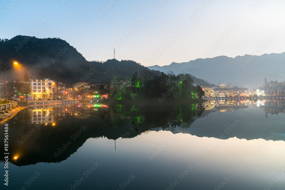 Sa Pa travel town at twilight in Lao Cai province, Vietnam