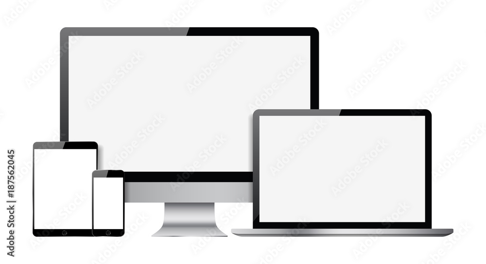 Set of blank screens with computer monitor, laptop, tablet, and smartphone Set of blank screens with computer monitor, laptop, tablet, and smartphone